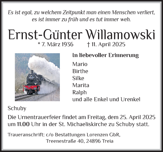 Traueranzeige von Ernst-Günter Willamowski von Schleswiger Nachrichten, Schlei-Bote
