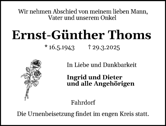 Traueranzeige von Ernst-Günther Thoms von Schleswiger Nachrichten, Schlei-Bote