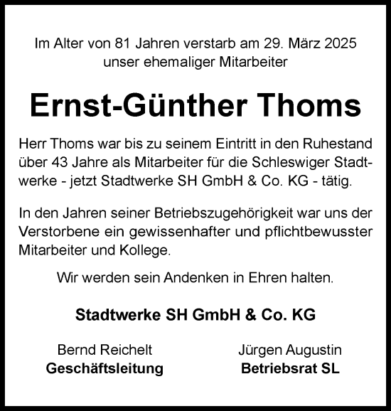 Traueranzeige von Ernst-Günther Thoms von Schleswiger Nachrichten, Schlei-Bote