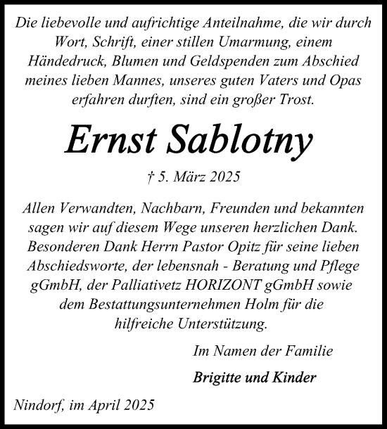Traueranzeige von Ernst Sablotny von Schleswig-Holsteinische Landeszeitung