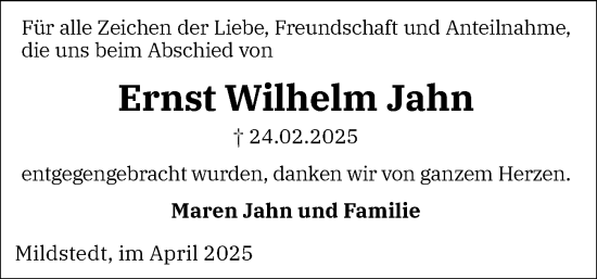 Traueranzeige von Ernst Wilhelm Jahn von Husumer Nachrichten, Nordfriesland Tageblatt