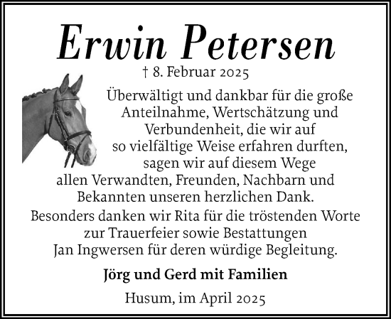 Traueranzeige von Erwin Petersen von Husumer Nachrichten, Nordfriesland Tageblatt
