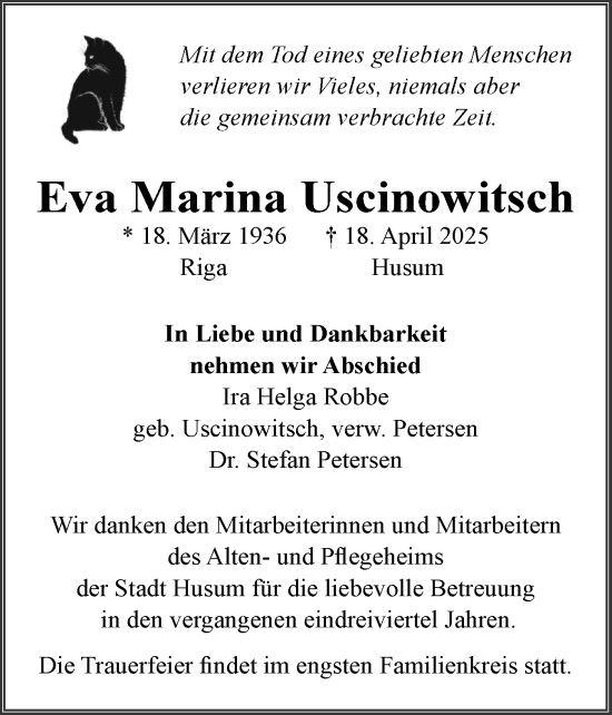 Traueranzeige von Eva Marina Uscinowitsch von Husumer Nachrichten, Nordfriesland Tageblatt