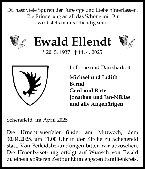 Traueranzeige von Ewald Ellendt von Norddeutsche Rundschau, Wilstersche Zeitung, Glückstädter Fortuna