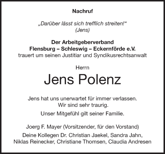 Traueranzeige von Jens Polenz von Flensburger Tageblatt