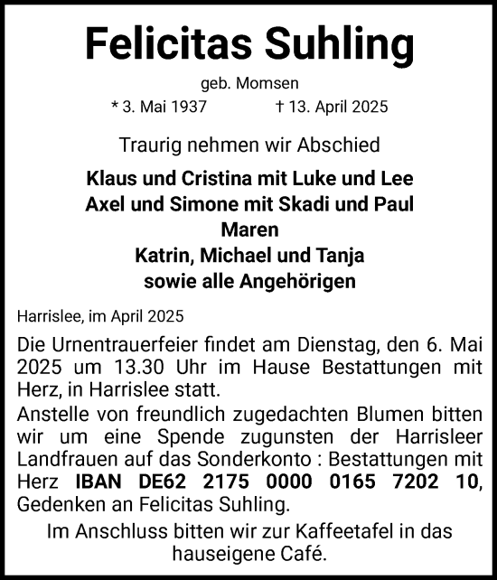 Traueranzeige von Felicitas Suhling von Flensburger Tageblatt