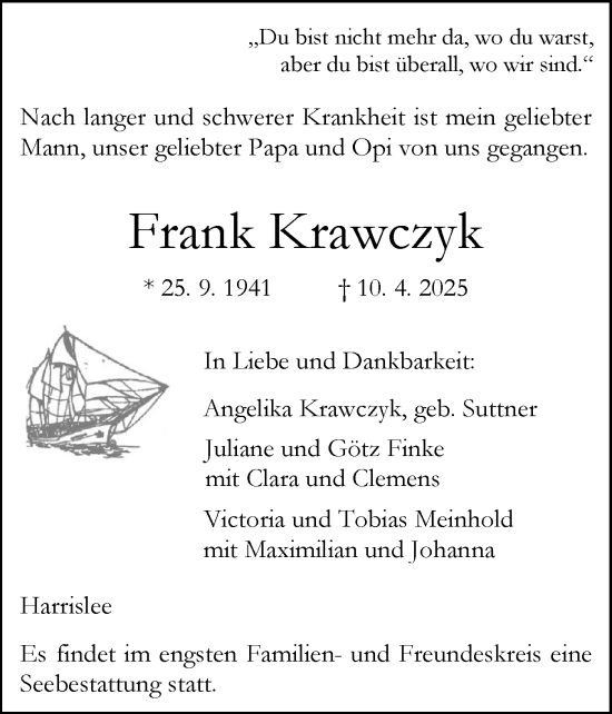 Traueranzeige von Frank Krawczyk von Flensburger Tageblatt