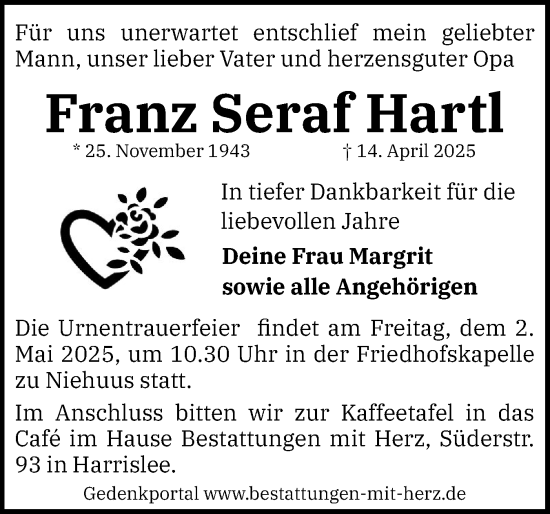 Traueranzeige von Franz Seraf Hartl von Flensburger Tageblatt