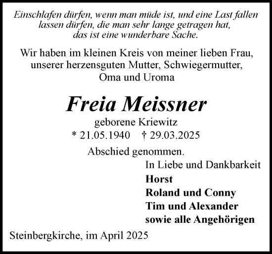 Traueranzeige von Freia Meissner von Flensburger Tageblatt