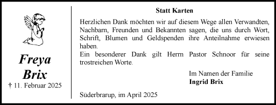 Traueranzeige von Freya Brix von Schleswiger Nachrichten, Schlei-Bote