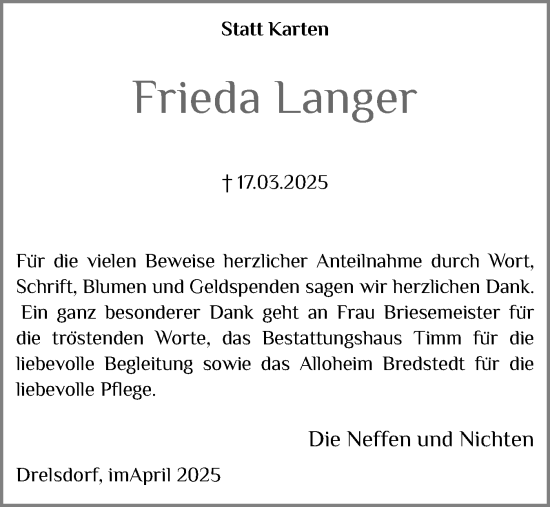 Traueranzeige von Frieda Langer von Husumer Nachrichten, Nordfriesland Tageblatt