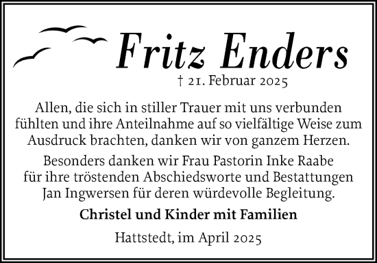 Traueranzeige von Fritz Enders von Husumer Nachrichten, Nordfriesland Tageblatt