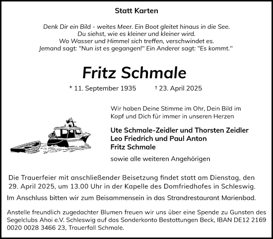 Traueranzeige von Fritz Schmale von Schleswiger Nachrichten, Schlei-Bote