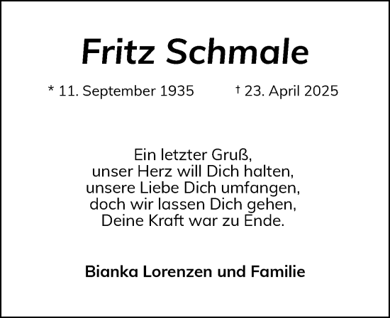 Traueranzeige von Fritz Schmale von Schleswiger Nachrichten, Schlei-Bote