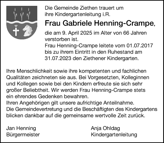 Traueranzeige von Gabriele Henning-Crampe von MARKT Ratzeburg/Mölln