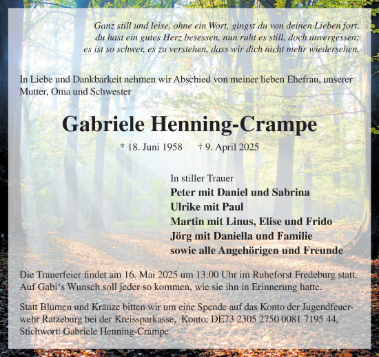 Traueranzeige von Gabriele Henning-Crampe von MARKT Ratzeburg/Mölln