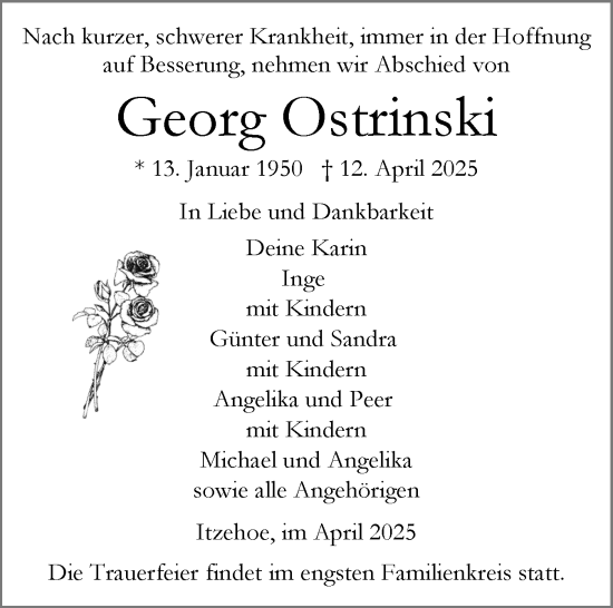 Traueranzeige von Georg Ostrinski von Norddeutsche Rundschau, Wilstersche Zeitung, Glückstädter Fortuna