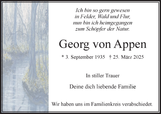 Traueranzeige von Georg von Appen von MARKT Bad Oldesloe/Reinfeld und Stormarner Tageblatt