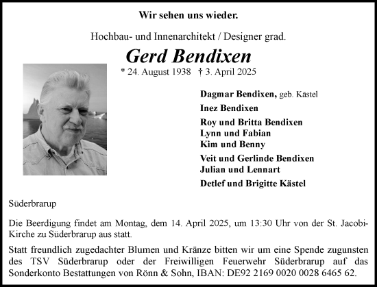 Traueranzeige von Gerd Bendixen von Flensburger Tageblatt, Schleswiger Nachrichten, Schlei-Bote