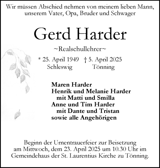 Traueranzeige von Gerd Harder von Husumer Nachrichten, Nordfriesland Tageblatt