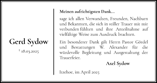 Traueranzeige von Gerd Sydow von Norddeutsche Rundschau, Wilstersche Zeitung, Glückstädter Fortuna