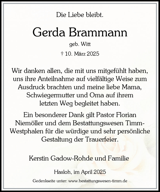 Traueranzeige von Gerda Brammann von Umschau