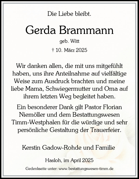Traueranzeige von Gerda Brammann von Region Pinneberg und tip Pinneberg