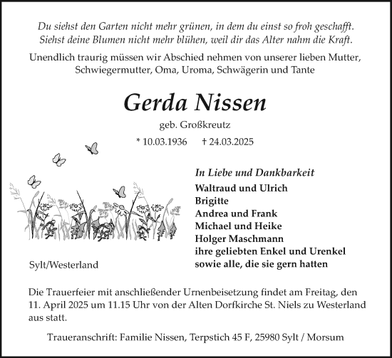 Traueranzeige von Gerda Nissen von Sylter Rundschau
