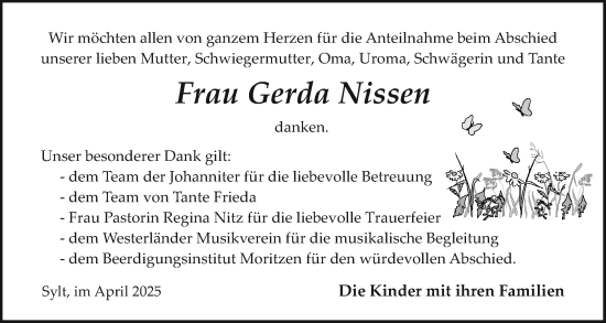 Traueranzeige von Gerda Nissen von Sylter Rundschau