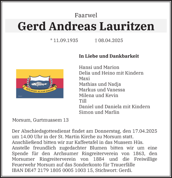 Traueranzeige von Gerd Andreas Lauritzen von Sylter Rundschau