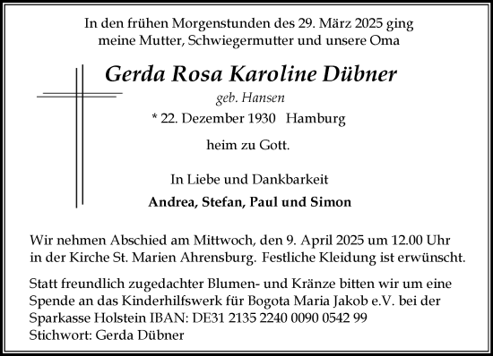 Traueranzeige von Gerda Rosa Karoline Dübner von MARKT Ahrensburg/Bargteheide/Trittau und Stormarner Tageblatt