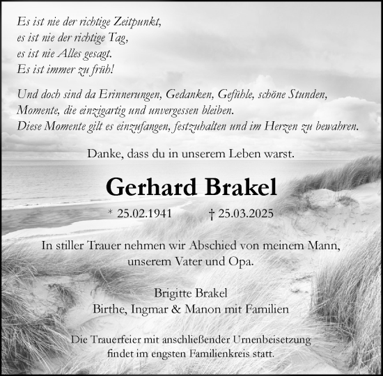 Traueranzeige von Gerhard Brakel von Umschau