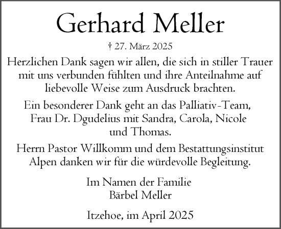 Traueranzeige von Gerhard Meller von Norddeutsche Rundschau, Wilstersche Zeitung, Glückstädter Fortuna