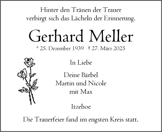 Traueranzeige von Gerhard Meller von Norddeutsche Rundschau, Wilstersche Zeitung, Glückstädter Fortuna