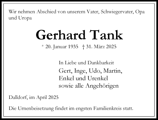 Traueranzeige von Gerhard Tank von Wochenend Anzeiger