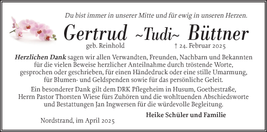 Traueranzeige von Gertrud Büttner von Husumer Nachrichten, Nordfriesland Tageblatt