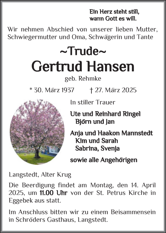 Traueranzeige von Gertrud Hansen von Region Flensburg