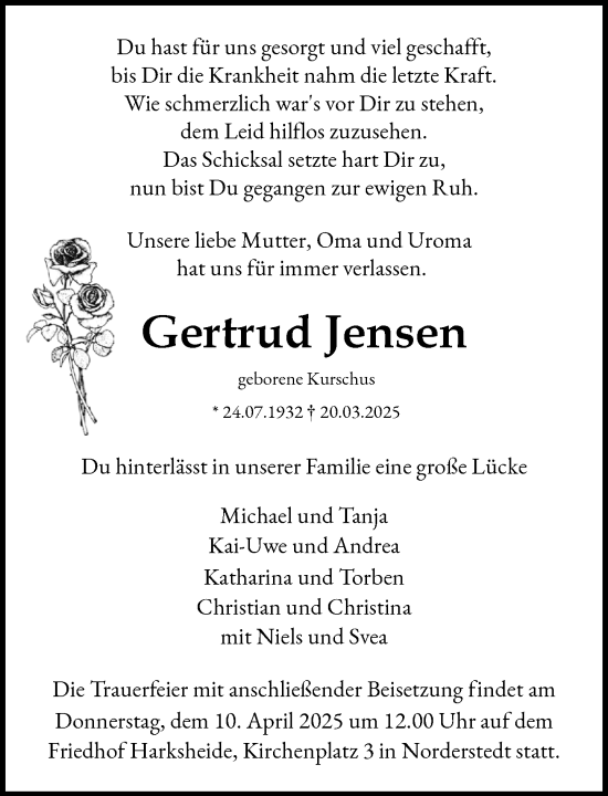 Traueranzeige von Gertrud Jensen von Heimatspiegel
