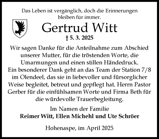 Traueranzeige von Gertrud Witt von Norddeutsche Rundschau, Wilstersche Zeitung, Glückstädter Fortuna