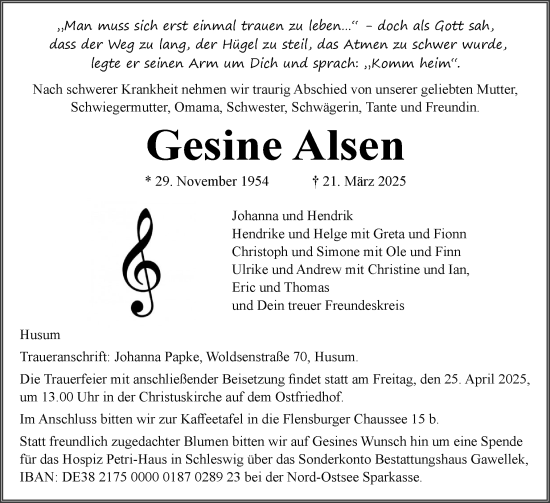 Traueranzeige von Gesine Alsen von Die WochenSchau Gesamtausgabe