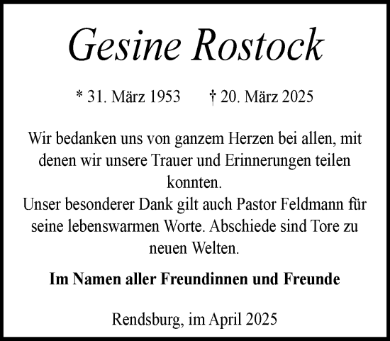 Traueranzeige von Gesine Rostock von Schleswig-Holsteinische Landeszeitung