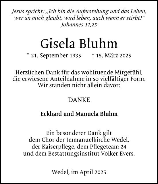 Traueranzeige von Gisela Bluhm von Wedel-Schulauer Tageblatt, tip Wedel-Schulauer Tageblatt, tip Rissener Rundschau