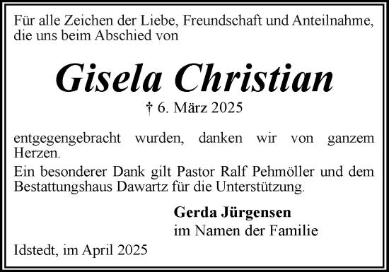 Traueranzeige von Gisela Christian von Husumer Nachrichten, Nordfriesland Tageblatt