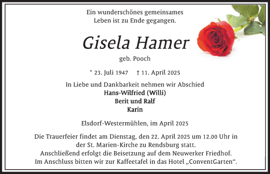 Traueranzeige von Gisela Hamer von Schleswig-Holsteinische Landeszeitung