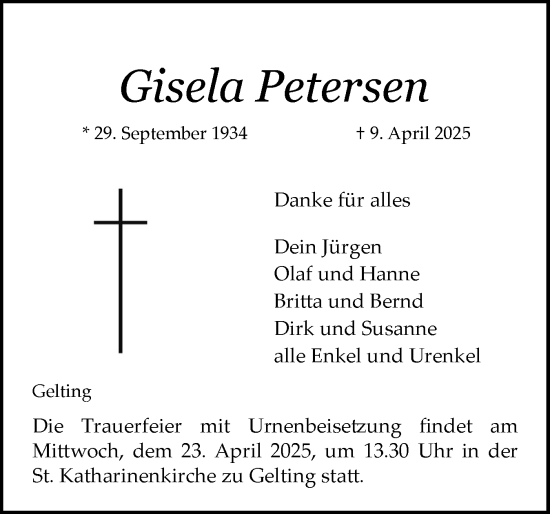 Traueranzeige von Gisela Petersen von Flensburger Tageblatt