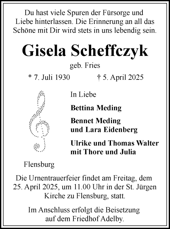 Traueranzeige von Gisela Scheffczyk von Flensburger Tageblatt