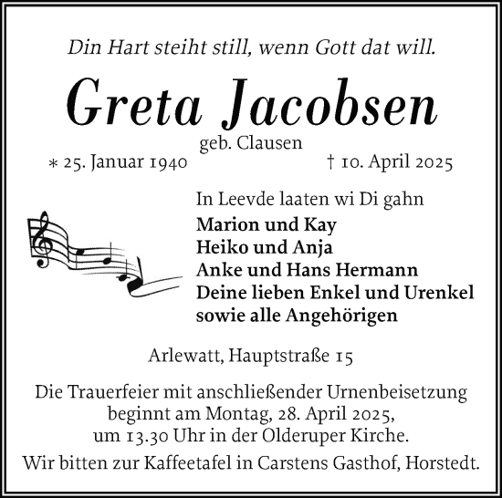 Traueranzeige von Greta Jacobsen von Husumer Nachrichten, Nordfriesland Tageblatt