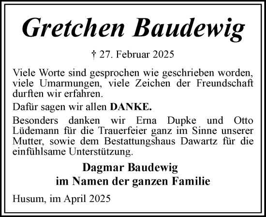 Traueranzeige von Gretchen Baudewig von Husumer Nachrichten, Nordfriesland Tageblatt