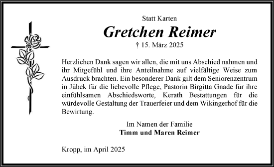 Traueranzeige von Gretchen Reimer von Schleswig-Holsteinische Landeszeitung