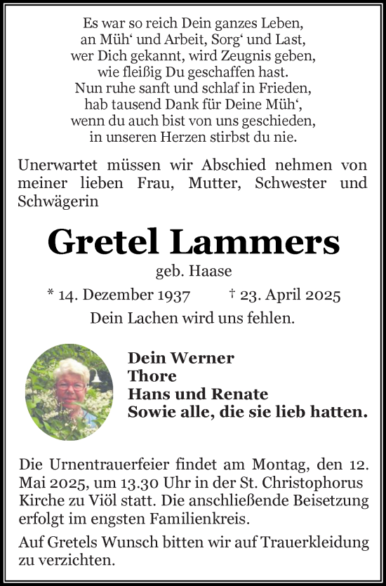 Traueranzeige von Gretel Lammers von Husumer Nachrichten, Nordfriesland Tageblatt